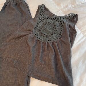 Gray Sleeveless Top and Pants with Crochet Detail